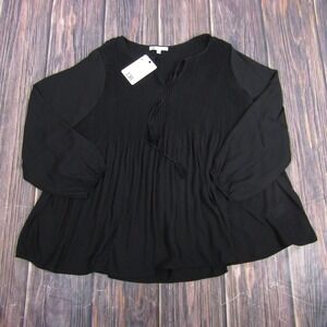 DR2 Shirt Womens 1X Black Pleated Split Neck Tie Long Sleeve Peasant Tunic